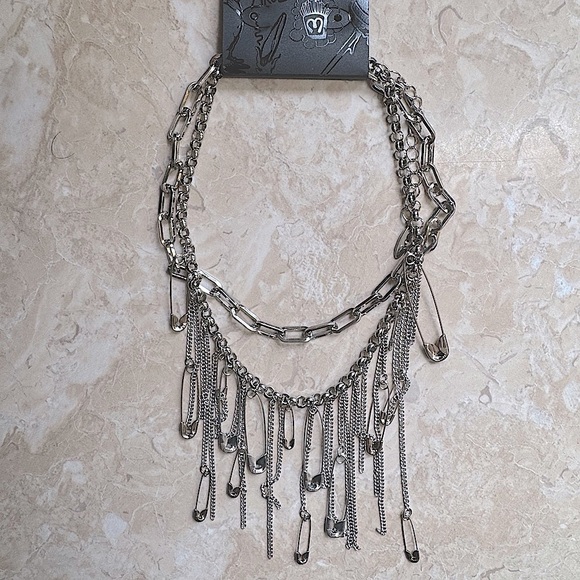 Dolls Kill Jewelry - Dolls Kill Silver Safety Pin Pins Multi Chain Chains Punk Choker Necklace NEW